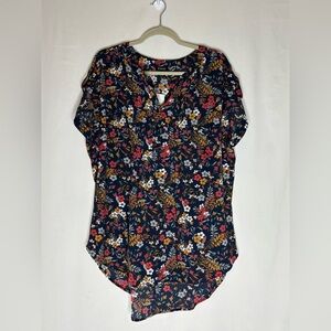 Evans Navy Floral V-Neck Short Sleeve Blouse